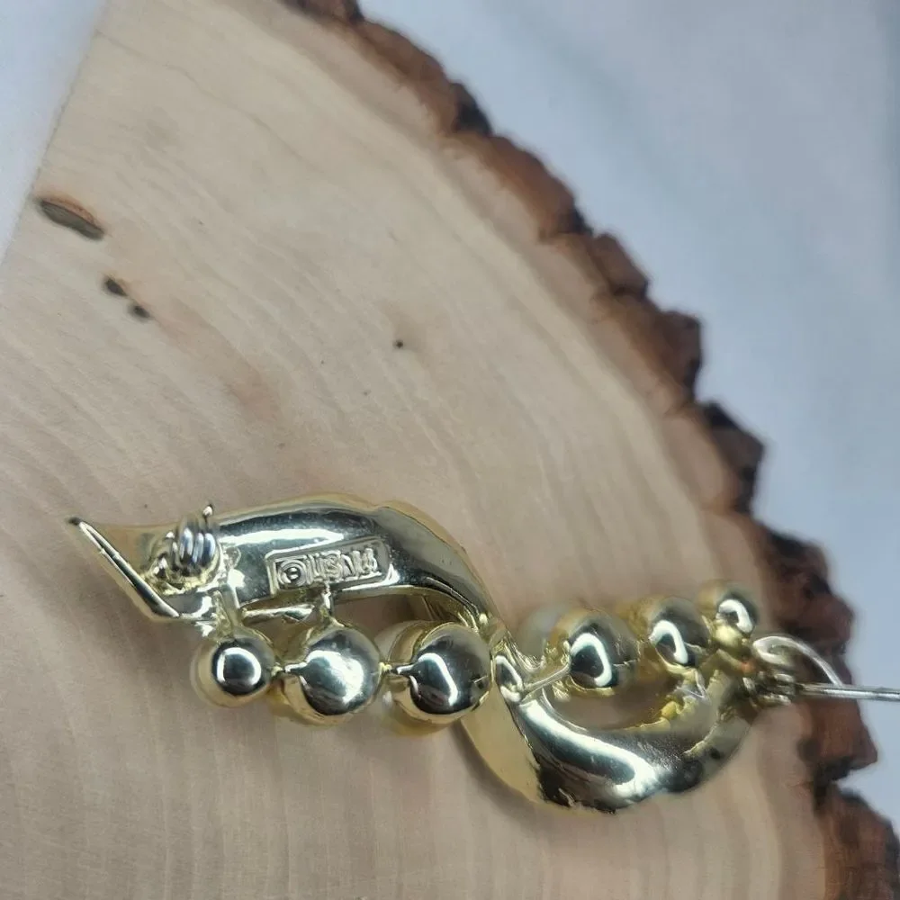 Lisner Vintage Faux Pearl and Rhinestone Gold Wave Brooch 1970s GUC 3